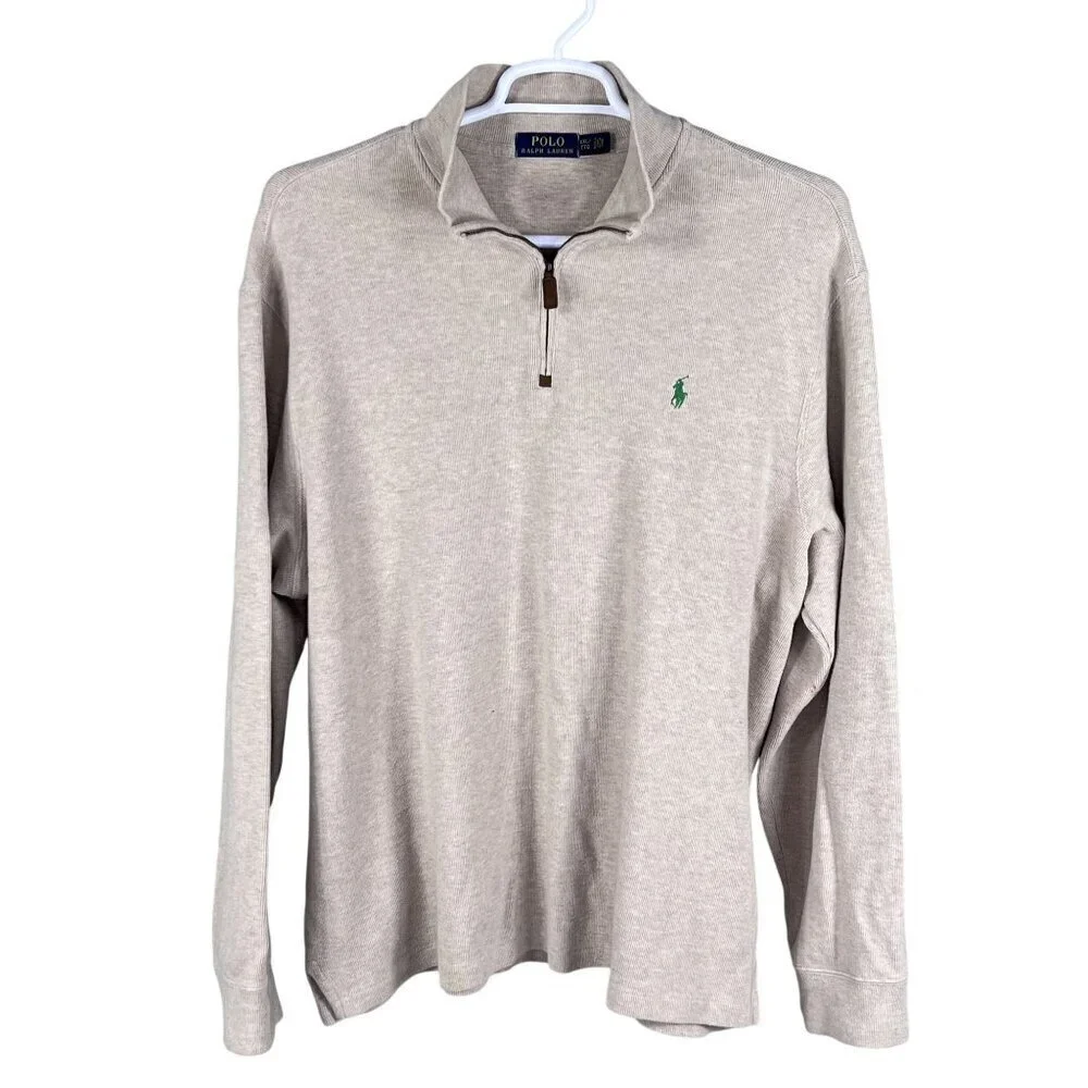Polo Ralph Lauren Mens XXL Tan Rib Mockneck 1/4 Zip Pullover Old Money Timeless